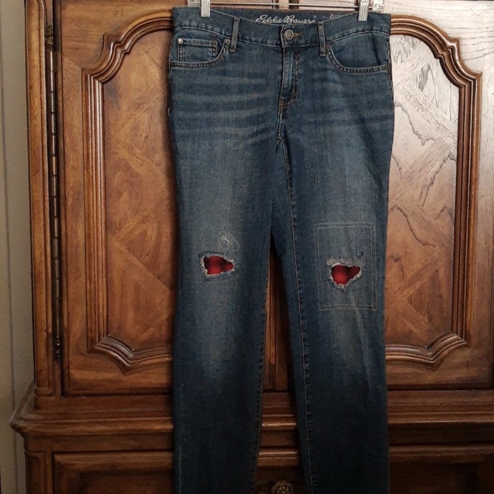 Eddie Bauer Boyfriend Fit Relaxed Leg 5 Pocket Jeans Flannel Knee Patches Size 2